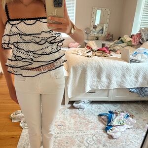 Anthropology Navy and White Fishnet Ruffle Top